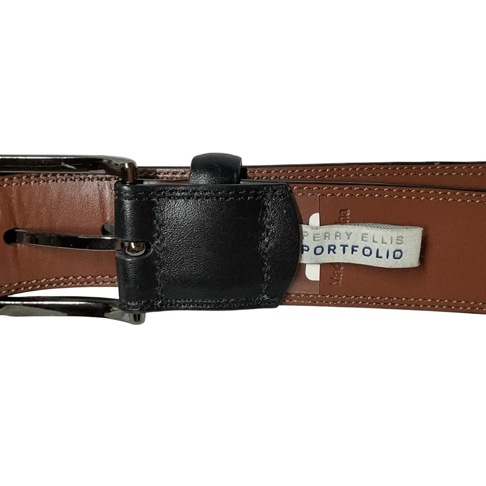 Perry Ellis Portfolio Mens Black Genuine Leather Belt‎ Silver Buckle Size 42